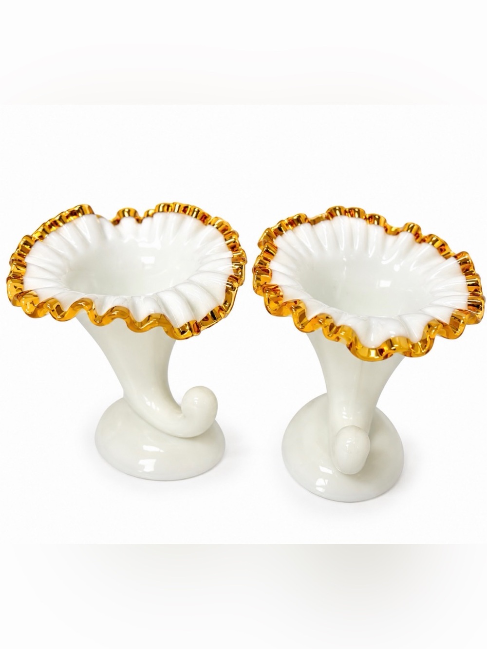 Pair of Fenton Milk Glass Amber Crest Cornucopia Silver Crest Candlesticks